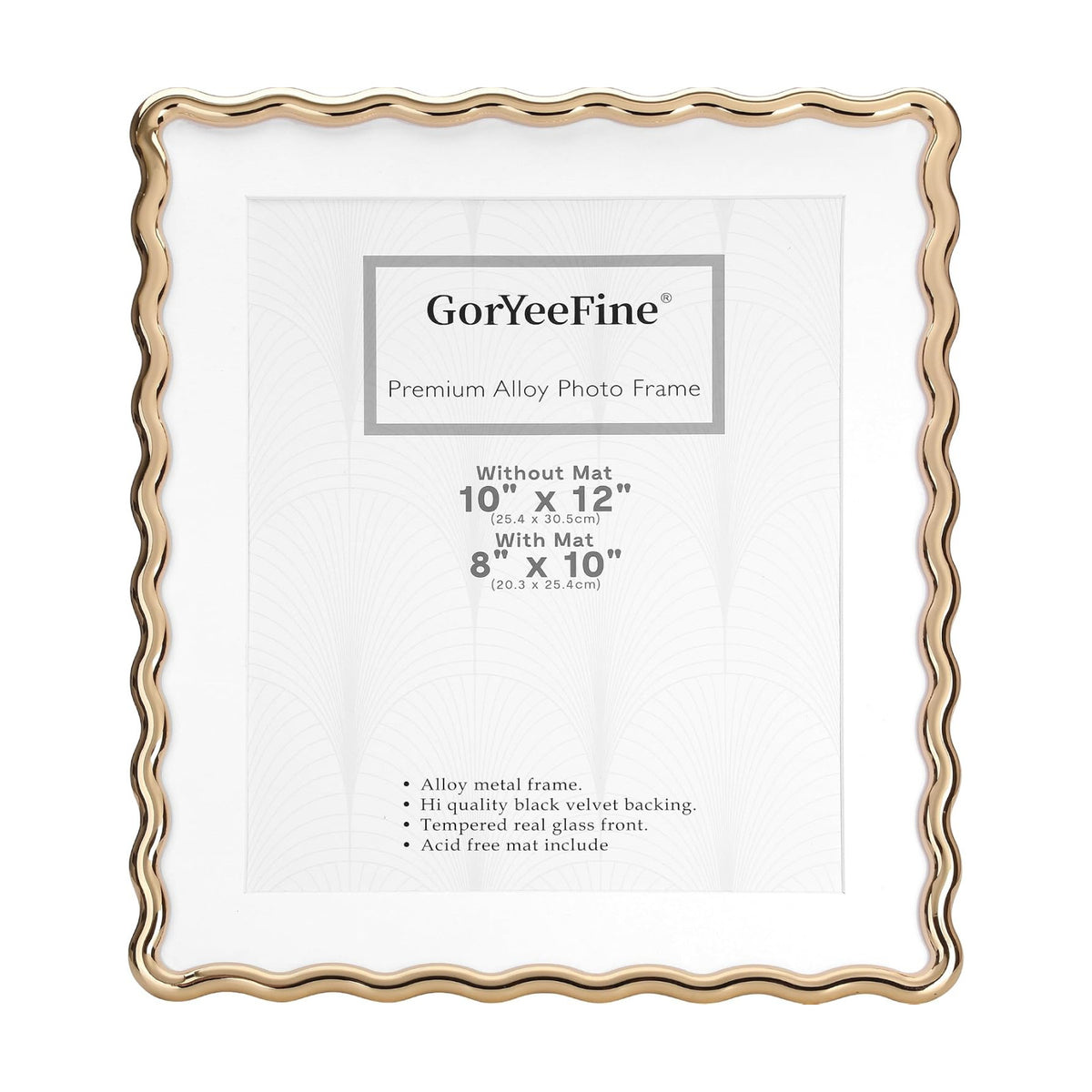 Gold 10x12'' Heavy-Duty Zinc Alloy Picture Frames with Acid Free Mat for 8x10'',Wave Design Gold Picture Frame 10x8''