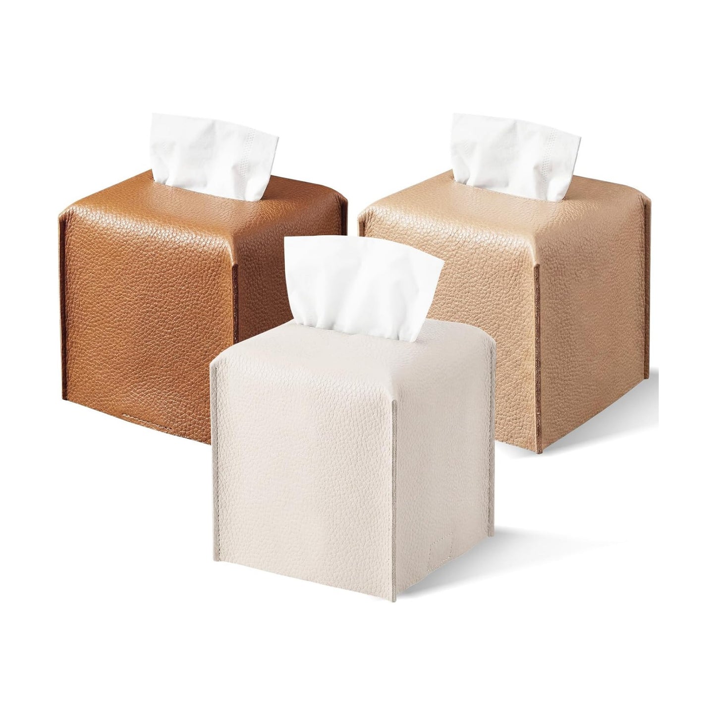 Tissue Box Cover Square PU Leather Tissue Box Holder Modern Facial Paper / Caramel Color / Set of 3