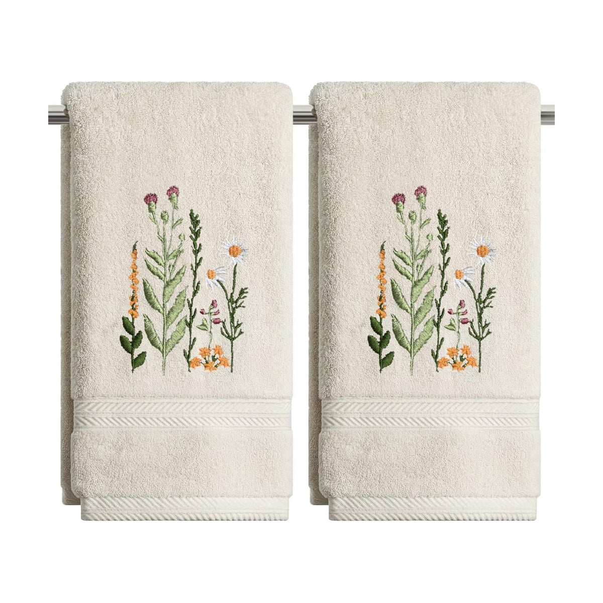Artoid Mode 2 Pcs Beige Wildflower Floral Embroidered Hand Towels for Bathroom, 100% Cotton Soft Absorbent Farmhouse