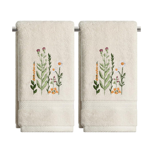 Artoid Mode 2 Pcs Beige Wildflower Floral Embroidered Hand Towels for Bathroom, 100% Cotton Soft Absorbent Farmhouse