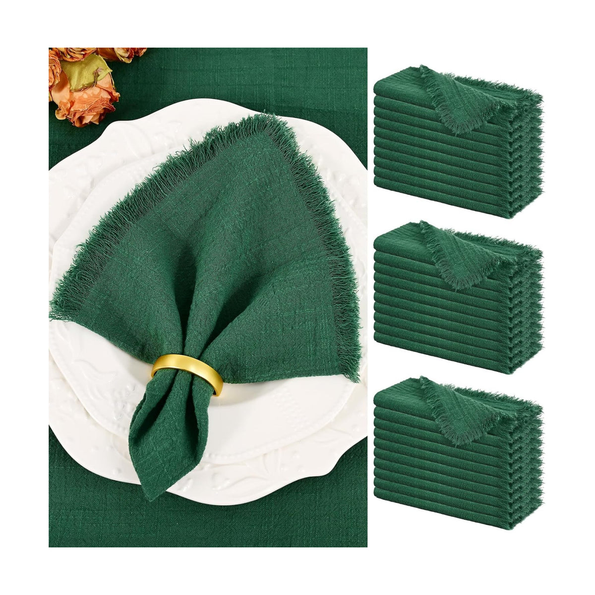 Showgeous 30 Pack Emerald Green Cloth Napkins with Fringe, 16x16 inch | 100% Cotton Green Napkins Handmade Dinner