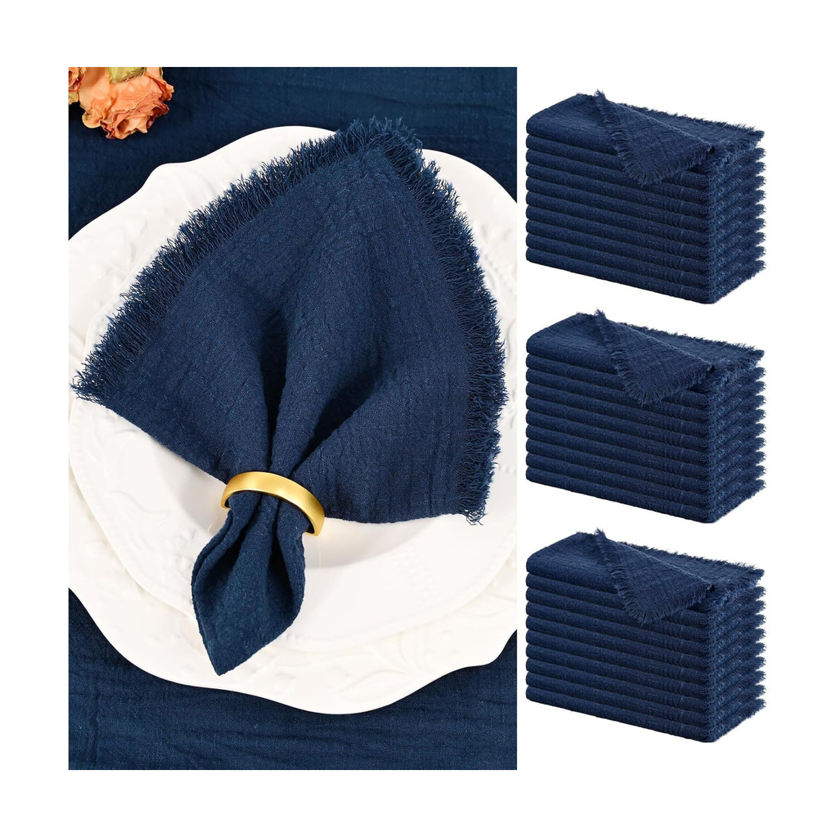 Showgeous 30 Pack Navy Blue Cloth Napkins with Fringe, 16x16 inch | 100% Cotton Blue Napkins Handmade Dinner Napkins