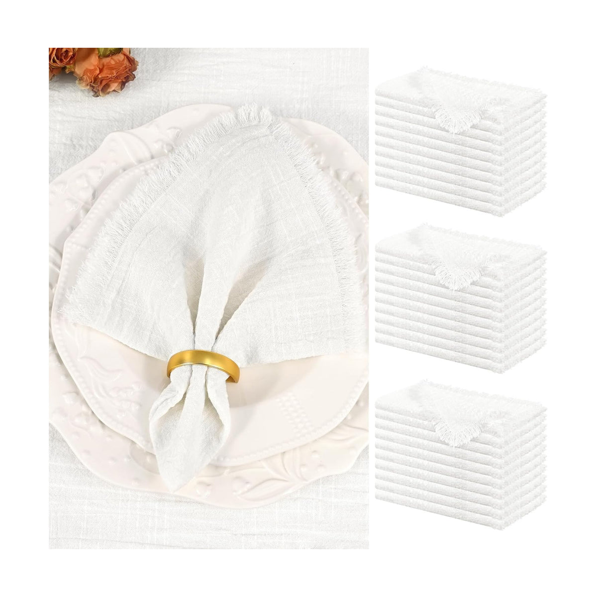 Showgeous 30 Pack White Cloth Napkins with Fringe, 16x16 inch 100% Cotton | White Napkins Handmade Dinner Napkins Bulk