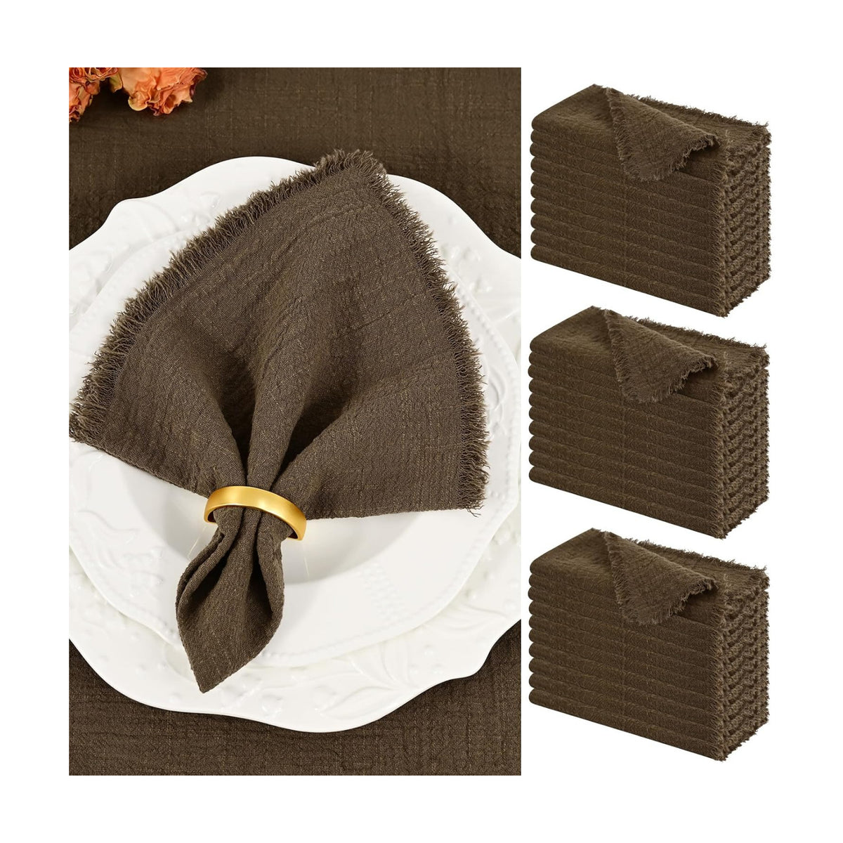 Showgeous 30 Pack Brown Cloth Napkins with Fringe, 16x16 inch 100% Cotton | Brown Napkins Handmade Dinner Napkins Bulk