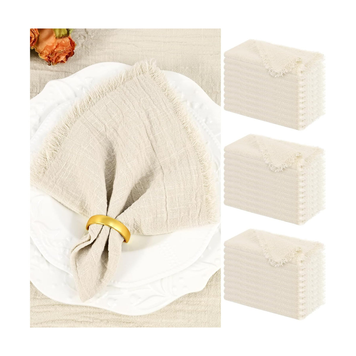 Showgeous 30 Pack Natural Cloth Napkins with Fringe, 16x16 inch 100% Cotton | Cloth Napkins Handmade Dinner Napkins