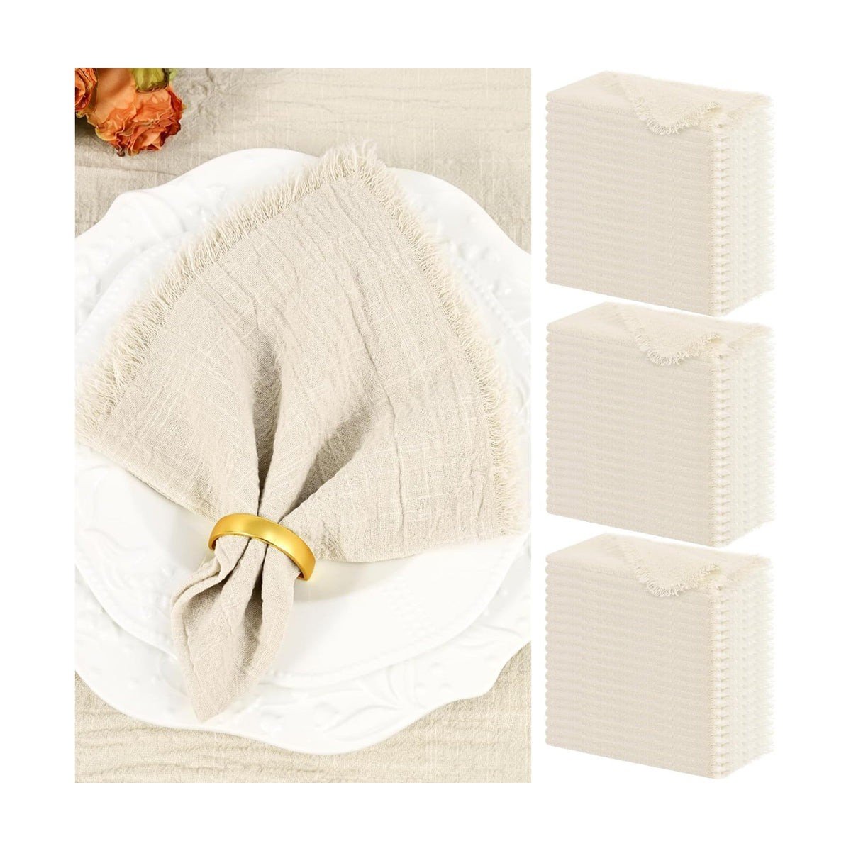 Showgeous 60 Pack Natural Cloth Napkins with Fringe, 16x16 inch 100% Cotton | Cloth Napkins Handmade Dinner Napkins