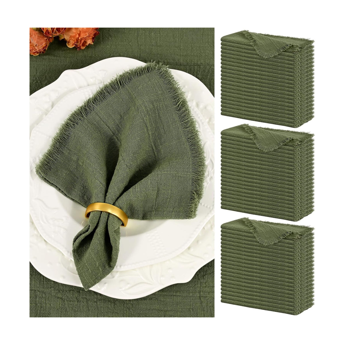 Showgeous 60 Pack Olive Green Cloth Napkins with Fringe, 16x16 inch | 100% Cotton Green Napkins Handmade Dinner Napkins