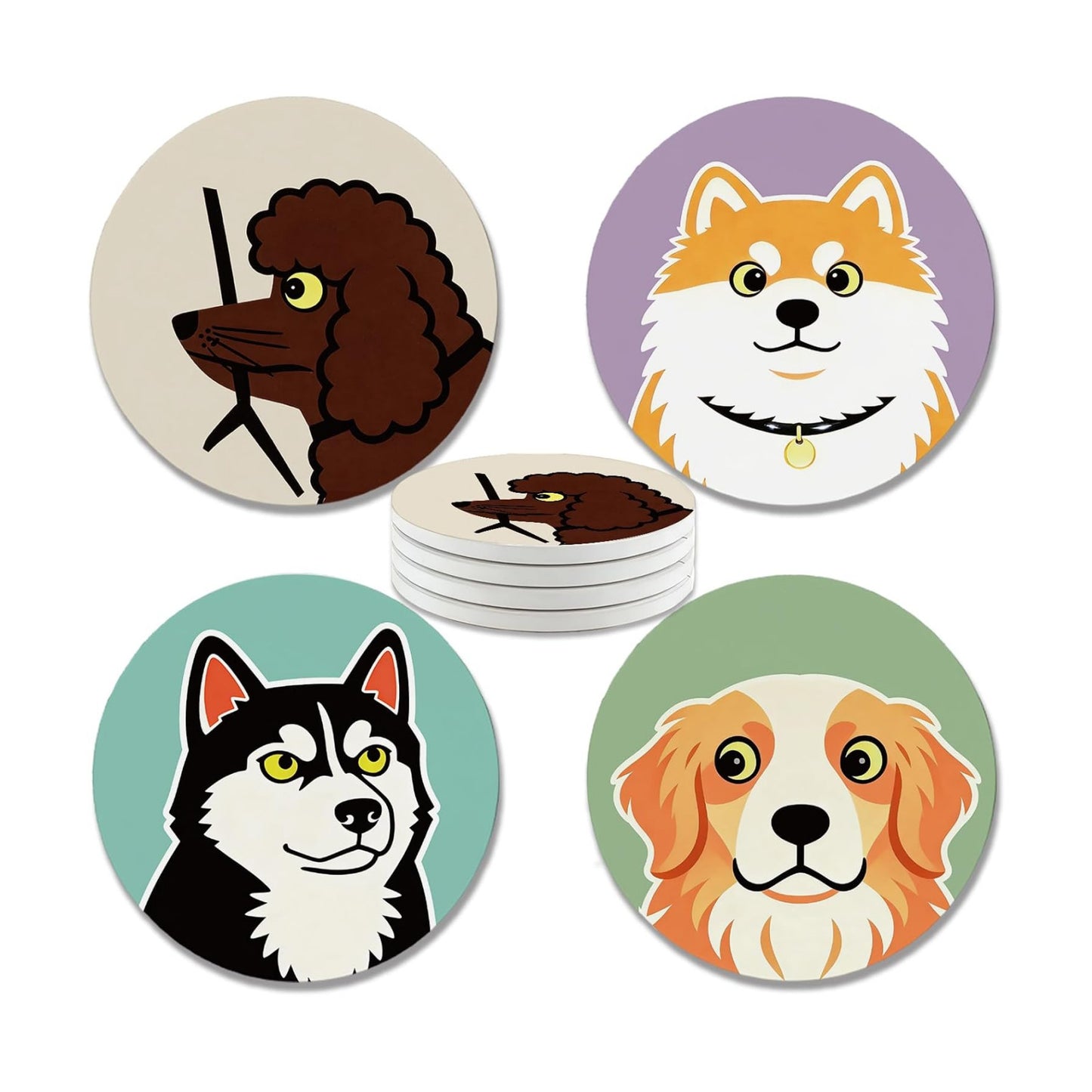 Funny Absorbent Round Ceramic Stone Coasters / Cute Dogs / Blue / Set of 4