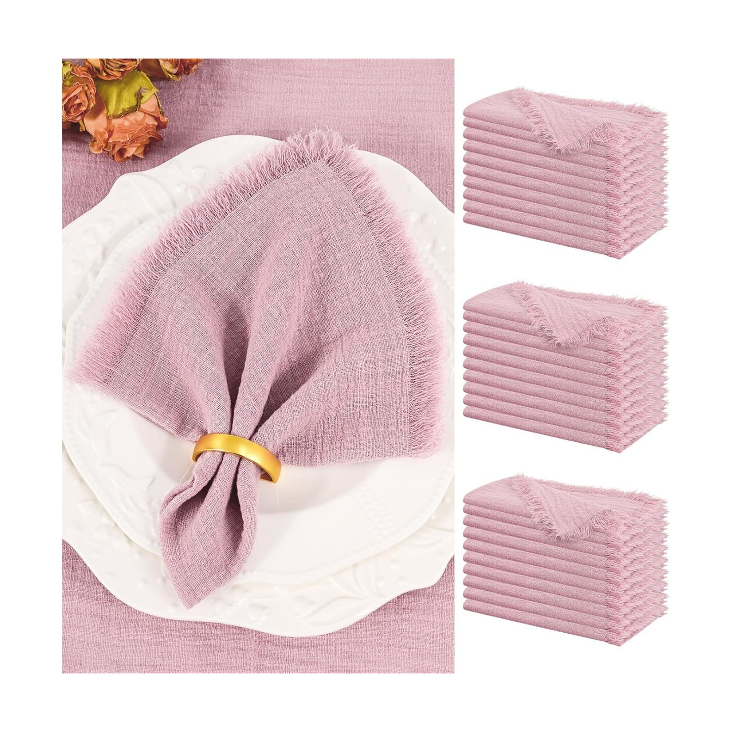 Showgeous 30 Pack Dusty Rose Cloth Napkins with Fringe, 16x16 inch | 100% Cotton Napkins Handmade Dinner Napkins Bulk