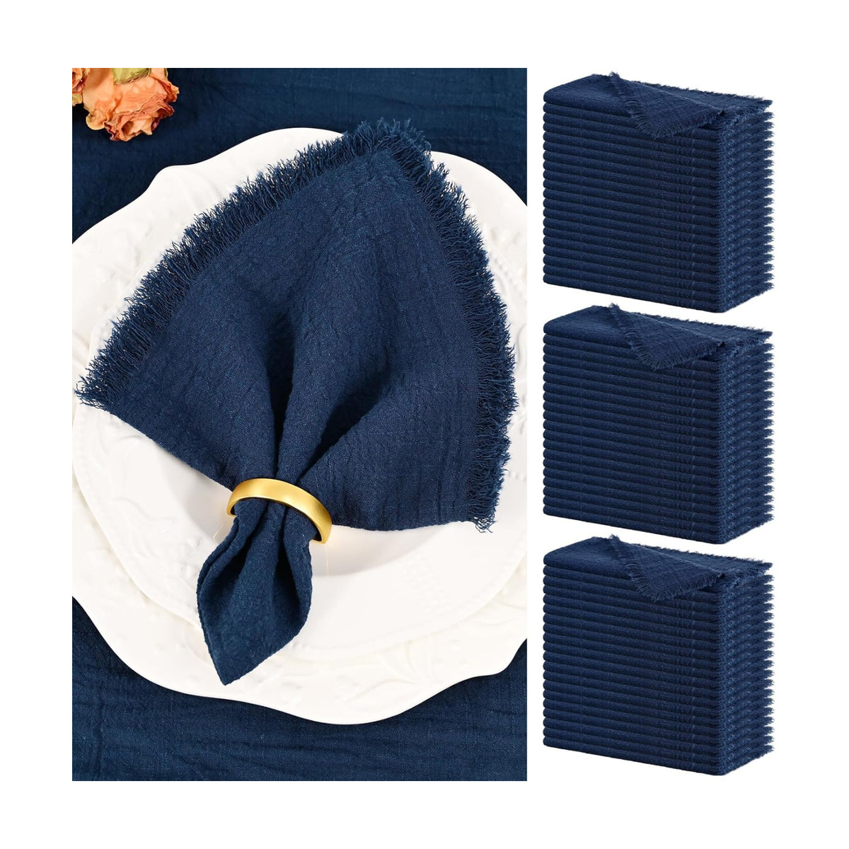 Showgeous 60 Pack Navy Blue Cloth Napkins with Fringe, 16x16 inch | 100% Cotton Blue Napkins Handmade Dinner Napkins
