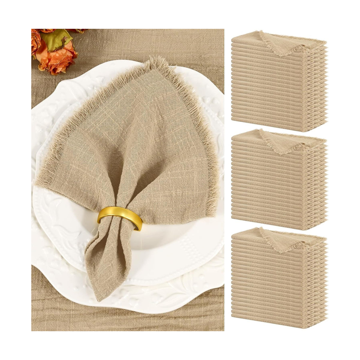 Showgeous 60 Pack Caramel Cloth Napkins with Fringe, 16x16 inch 100% Cotton | Caramel Napkins Handmade Dinner Napkins