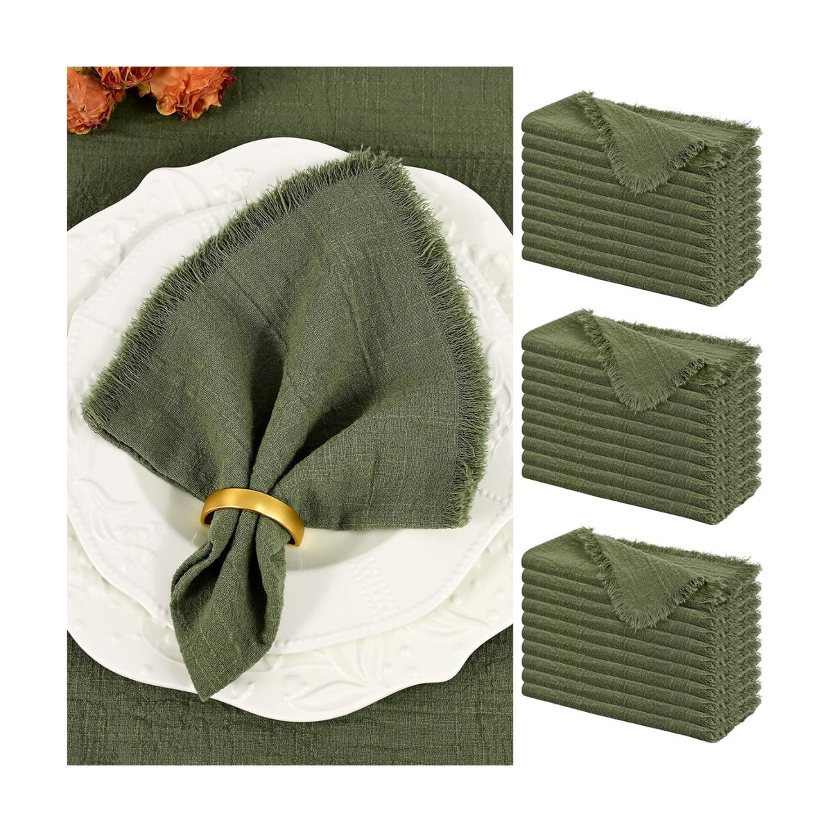 Showgeous 30 Pack Olive Green Cloth Napkins with Fringe, 16x16 inch | 100% Cotton Green Napkins Handmade Dinner Napkins