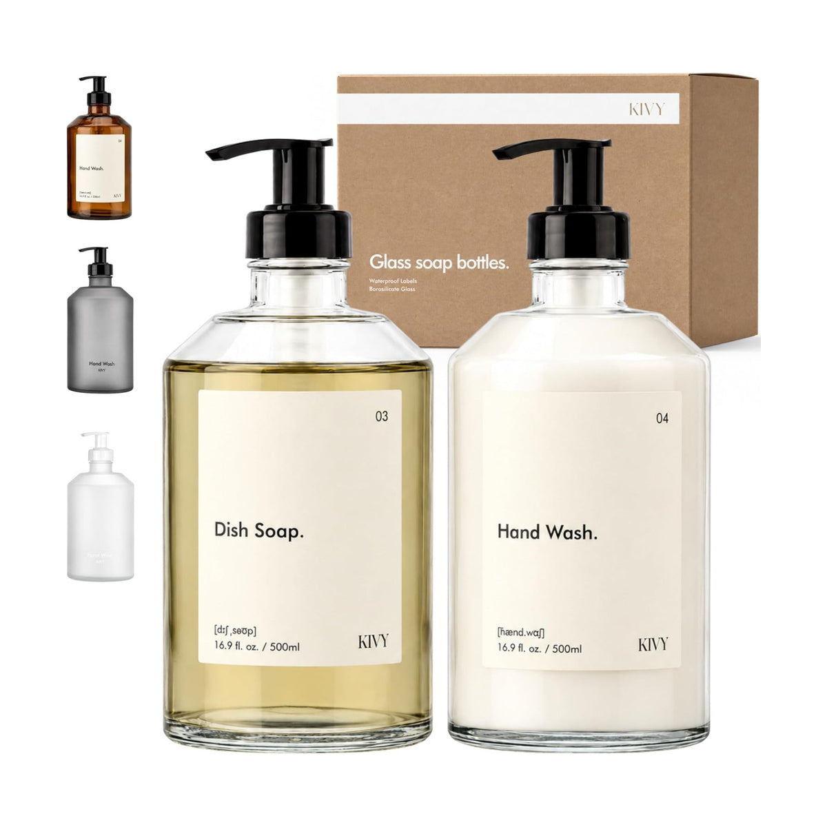 KIVY Glass Soap Dispenser Set 2X 16oz - incl. Waterproof Labels - with Pump | Glass Soap Dispenser with Pump - Hand