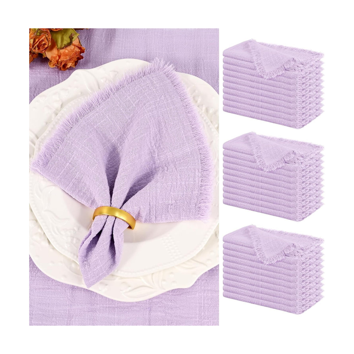 Showgeous 30 Pack Lavender Cloth Napkins with Fringe, 16x16 inch | 100% Cotton Purple Napkins Handmade Dinner Napkins