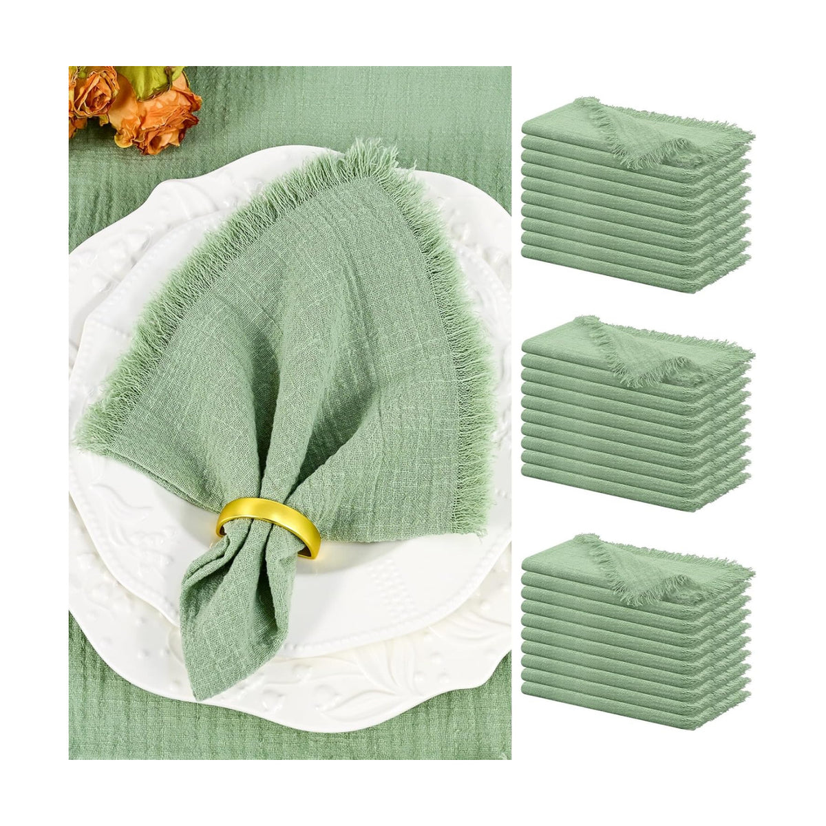 Showgeous 30 Pack Sage Green Cloth Napkins with Fringe, 16x16 inch | 100% Cotton Green Napkins Handmade Dinner Napkins