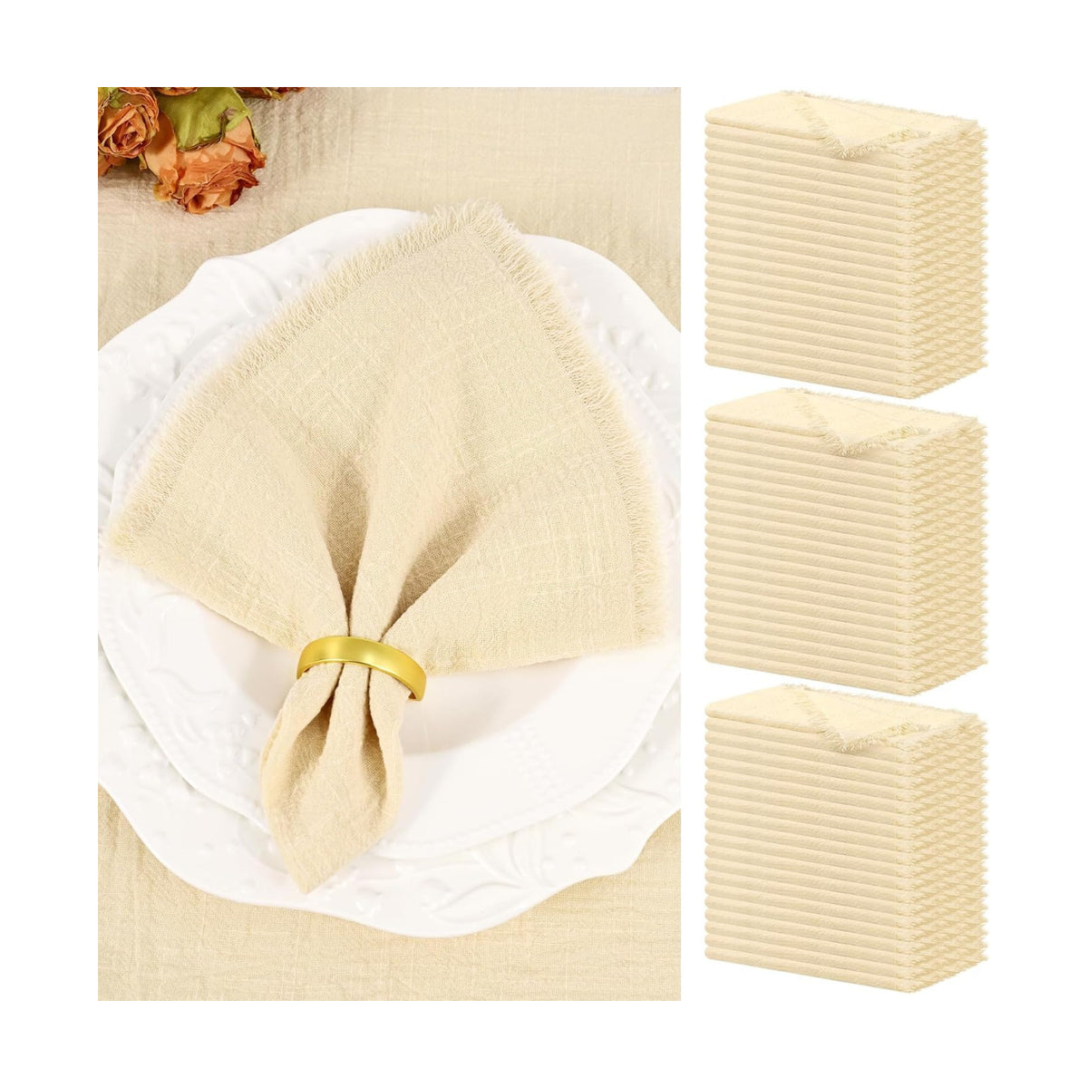 Showgeous 60 Pack Beige Cloth Napkins with Fringe, 16x16 inch 100% Cotton | Beige Napkins Handmade Dinner Napkins Bulk