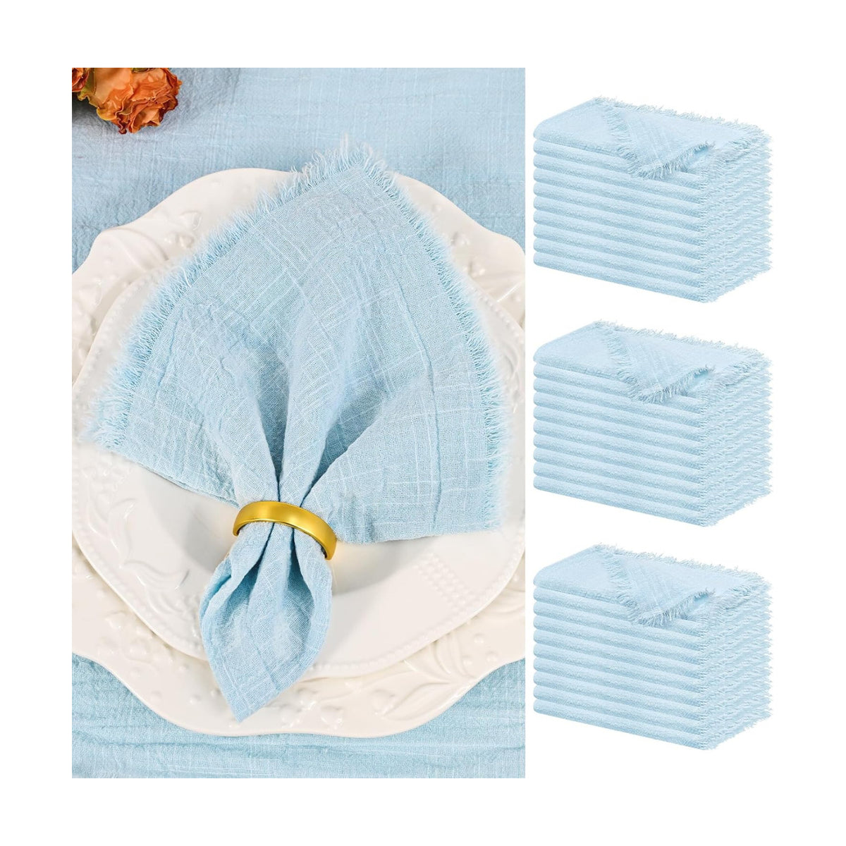 Showgeous 30 Pack Light Blue Cloth Napkins with Fringe, 16x16 inch | 100% Cotton Blue Napkins Handmade Dinner Napkins