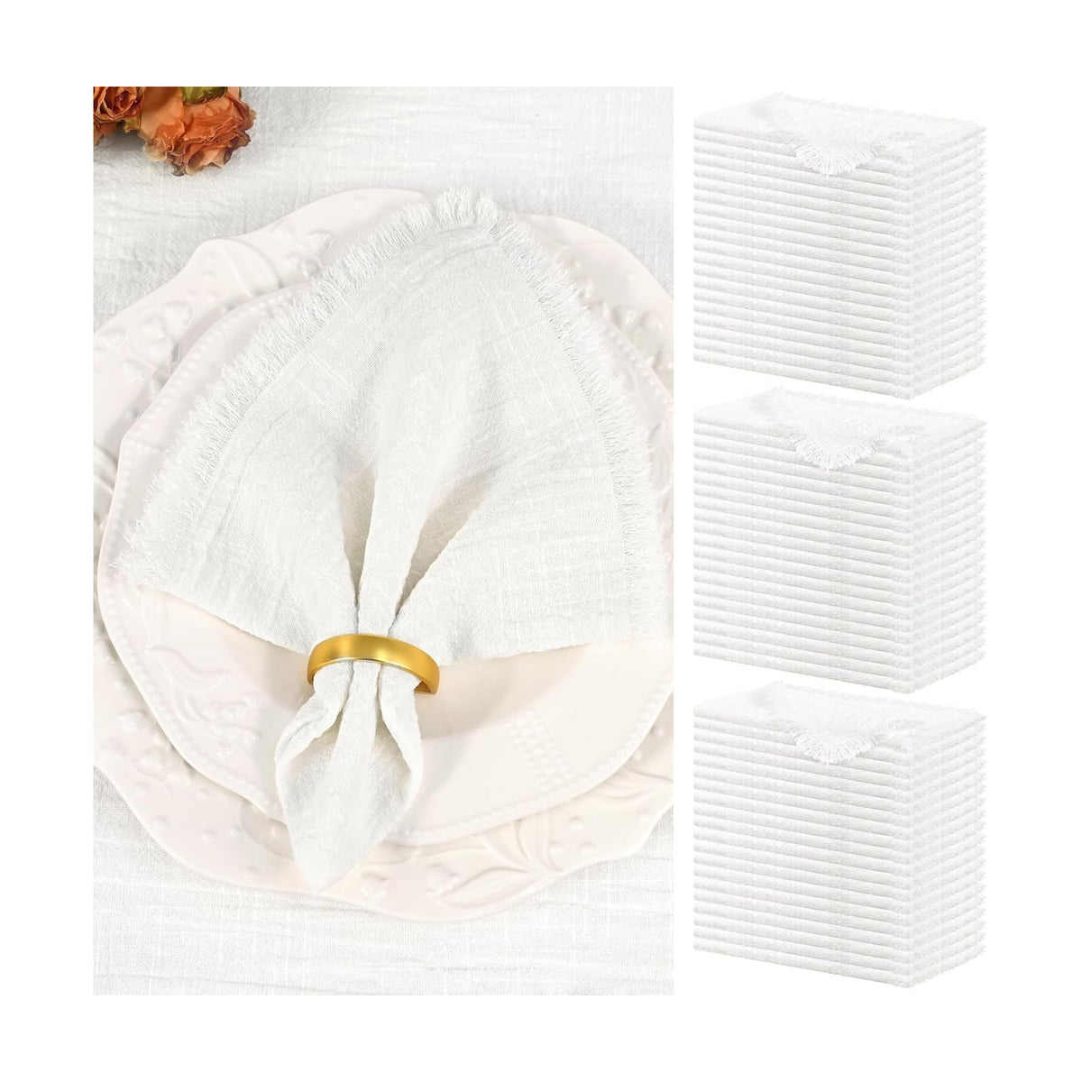 Showgeous 60 Pack White Cloth Napkins with Fringe, 16x16 inch 100% Cotton | White Napkins Handmade Dinner Napkins Bulk