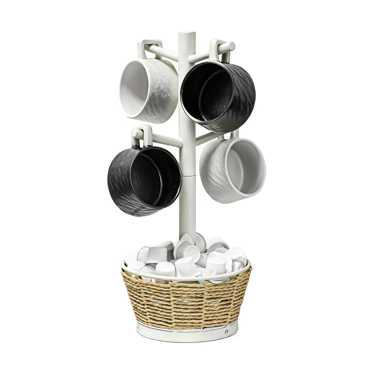 Wood Mug Holder Tree with Woven Basket, 4 Hooks Coffee Mug Holder, Countertop Mug Tree for Kitchen Counter Cabinet