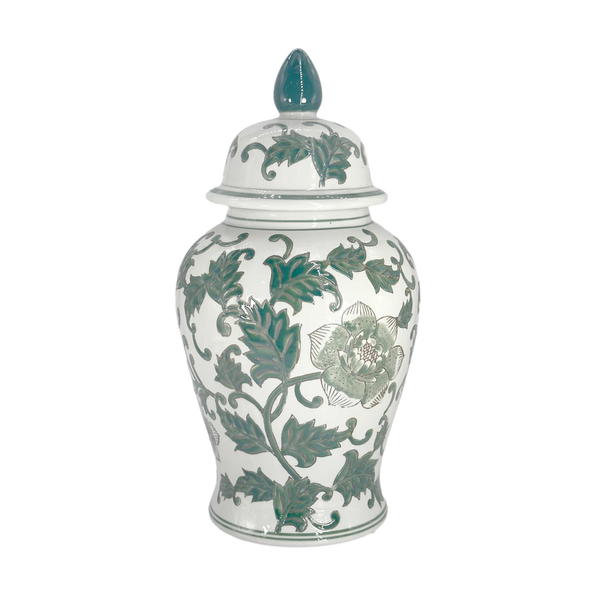 Galt International Green Blossom Floral Chinoiserie Ceramic Temple Jar 18" w/Lid - Ginger Jar Home & Kitchen Decor for