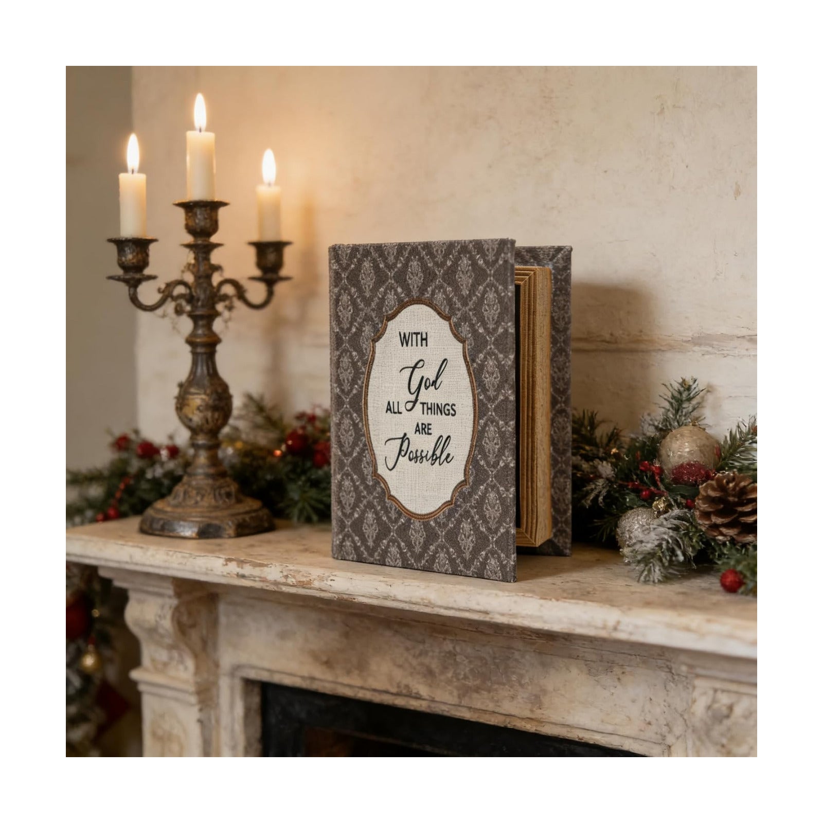 Wooden Book-Shaped Storage Box / with God All Things Are Possible) / 4.5"L x 5.9"W x 1.6"H