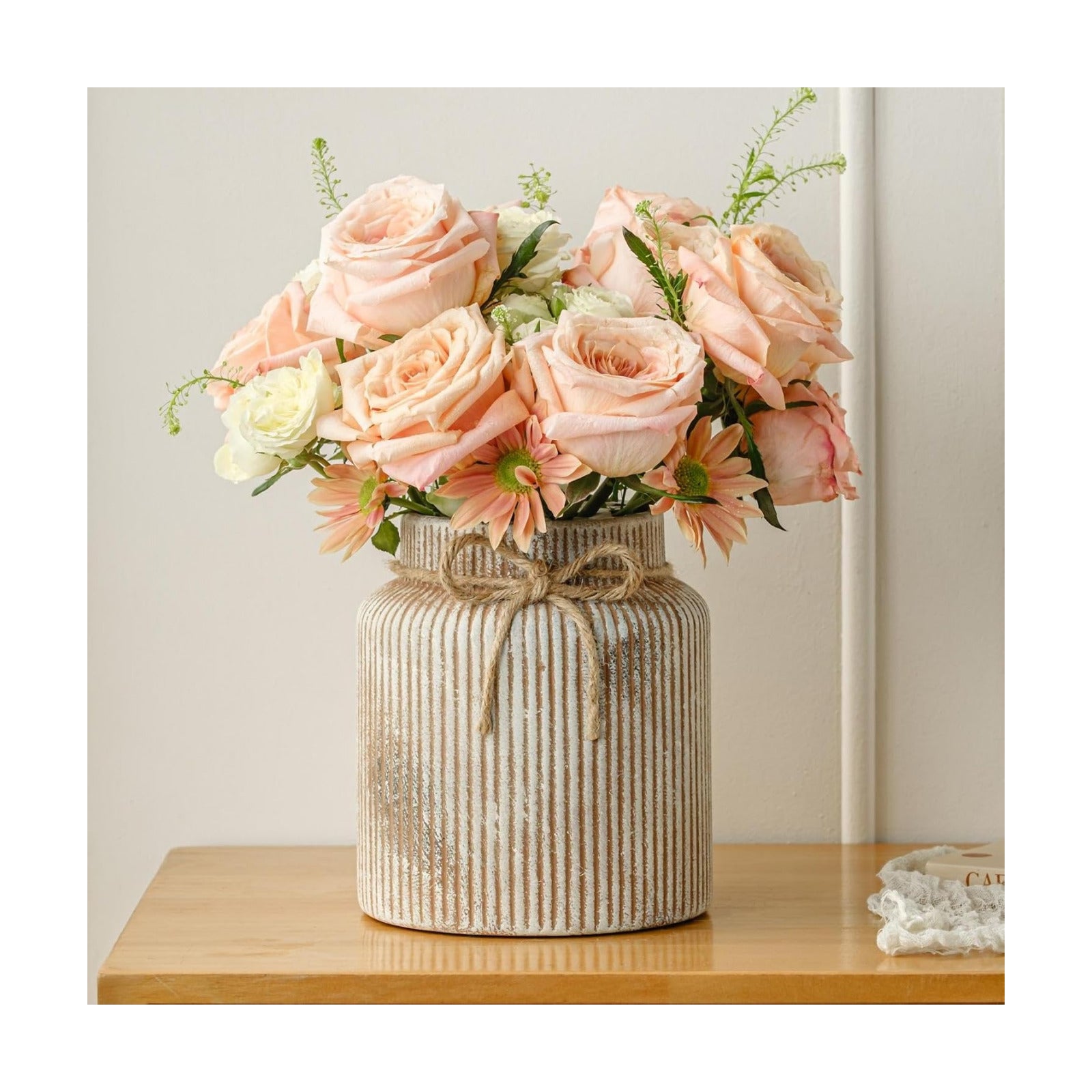 Rustic Ceramic Vase Farmhouse Flower Vase Decorative Ribbed Vases / Rusty / 7.2 Inch
