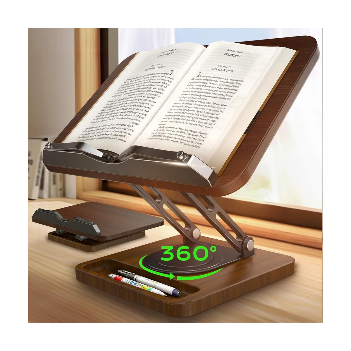 LOXP Ergonomic Book Stand for Reading, 360° Rotating Holder with Page Clip | Adjustable height angle, Storage Base