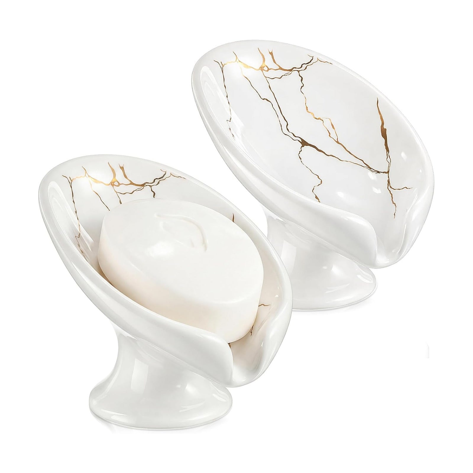 Soap Dishes for Bar Soap Holder Ceramic Decorative Self Draining Leaf Shape / White Gold / Set of 2