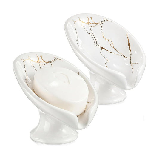 Soap Dishes for Bar Soap Holder Ceramic Decorative Self Draining Leaf Shape / White Gold / Set of 2
