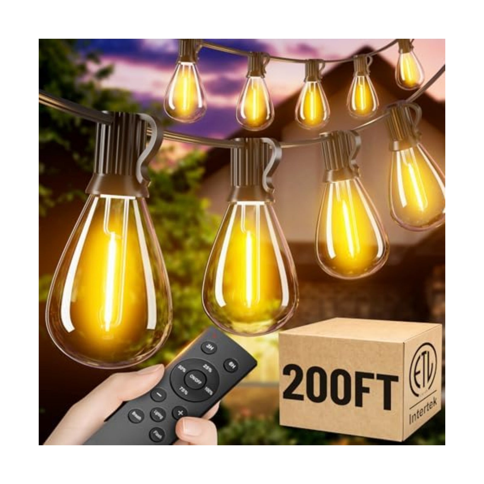 200FT Outdoor String Lights with Remote, Waterproof Patio Lights with 72+2 Shatterproof LED Bulbs,Dimmable Hanging