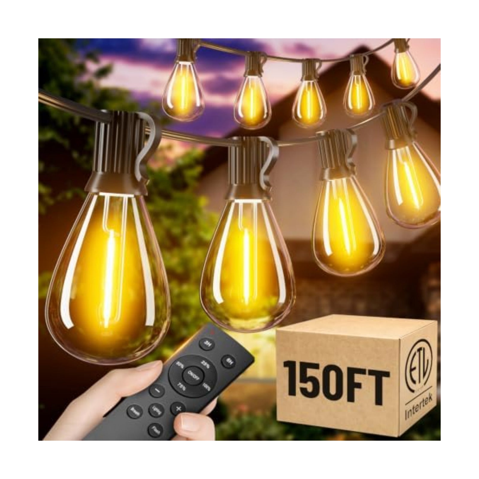 150FT Outdoor String Lights with Remote, Waterproof Patio Lights with 55+2 Shatterproof LED Bulbs,Dimmable Hanging