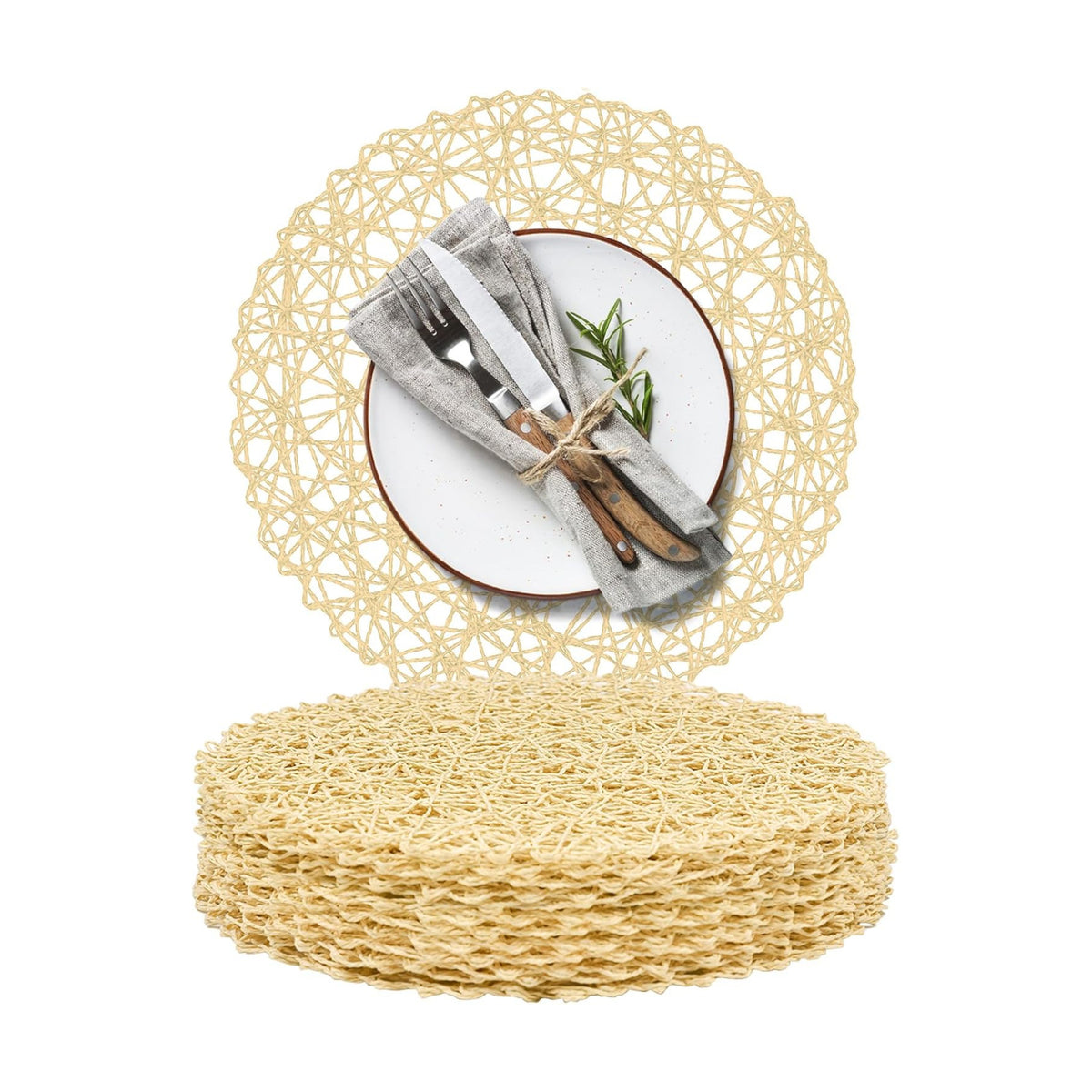 AHHFSMEI Paper Braided Round Placemats Natural Non-Slip Heat Resistant Table Mats for Dining Tables Farmhouse Woven