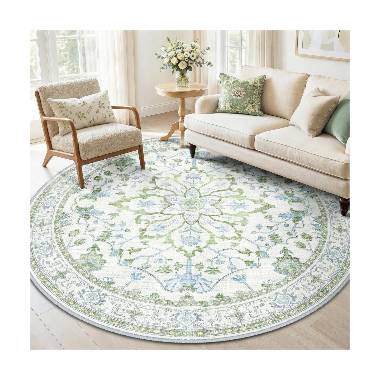 RELEANY Washable Area Rug, Round 6ft, Green/White/Blue