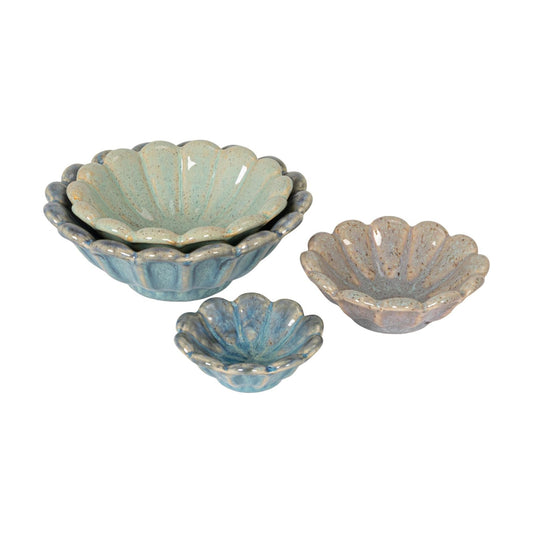 4-Piece Stoneware Flower Shaped Bowl Set in Reactive Glaze / Pastel Tones