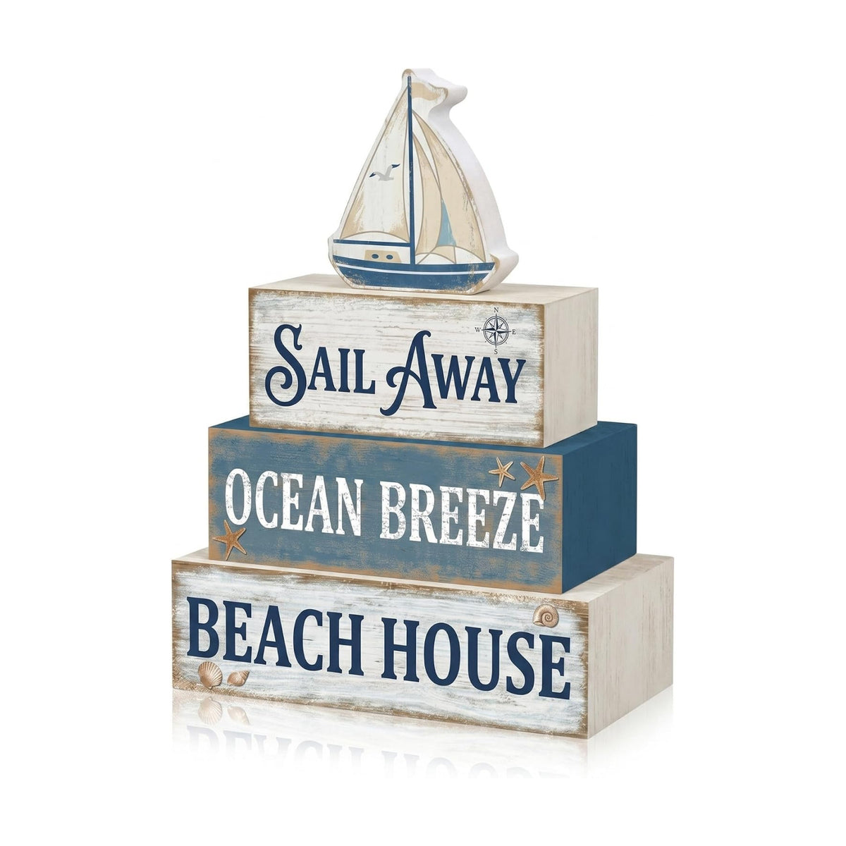Britimes Tiered Tray Decor Set, 4 Pack, Wooden Table Sign, Nautical Ocean