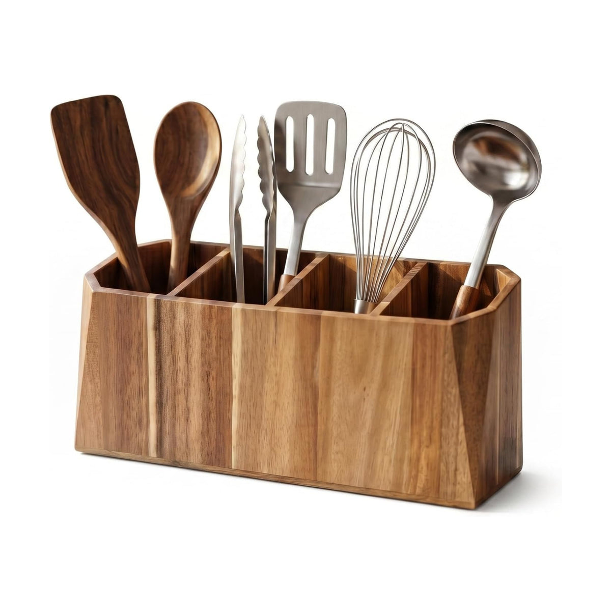 Extra Large Kitchen Utensil Holder for Countertop – Acacia Wood Utensil Holder with 4 Compartments, Beveled Edges