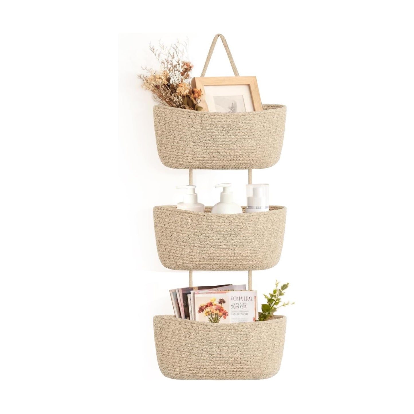 Over The Door Hanging Basket Woven Boho Wall Mounted Storage Organizer / Jute / 3-tier