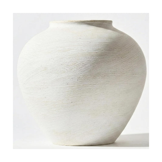 11" Wide Textured Stone Look Metal Flower Vase / White Large Brushed