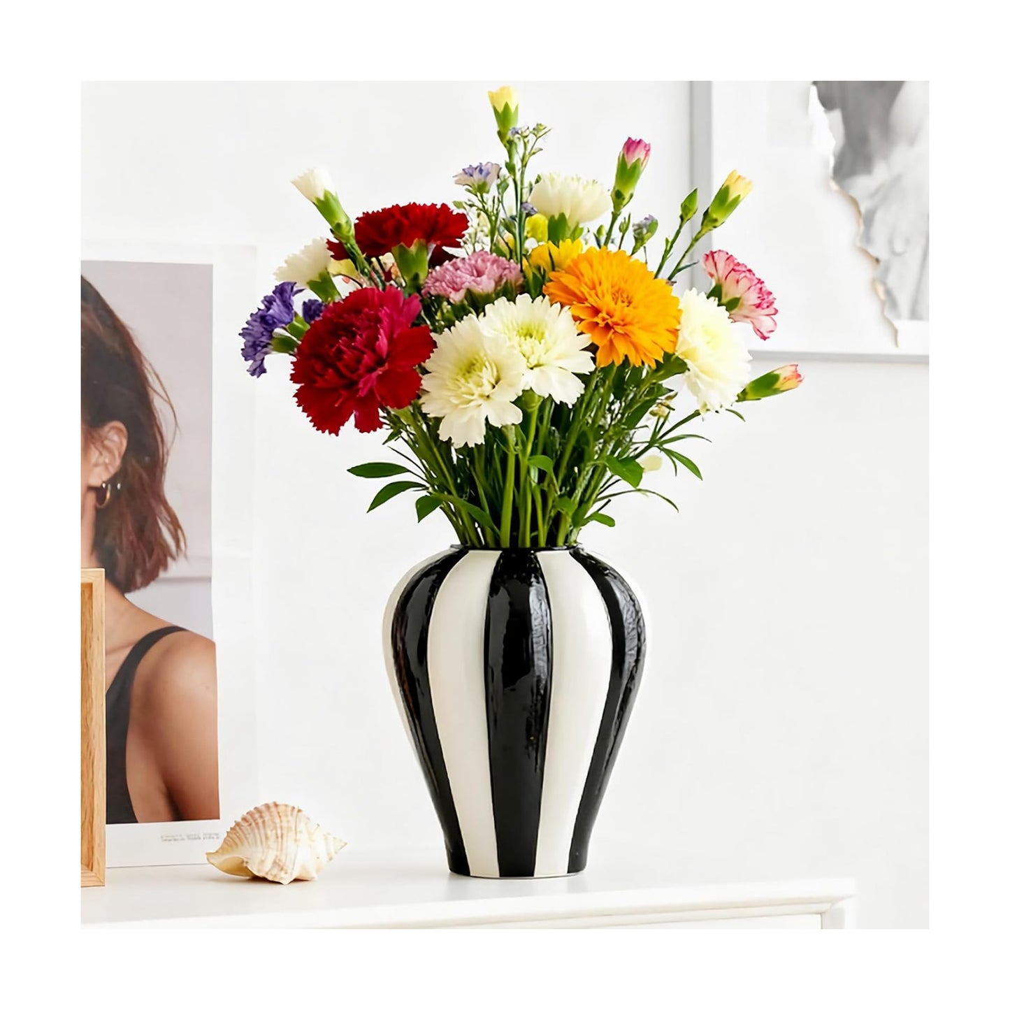 White Striped Ceramic Vase / Black