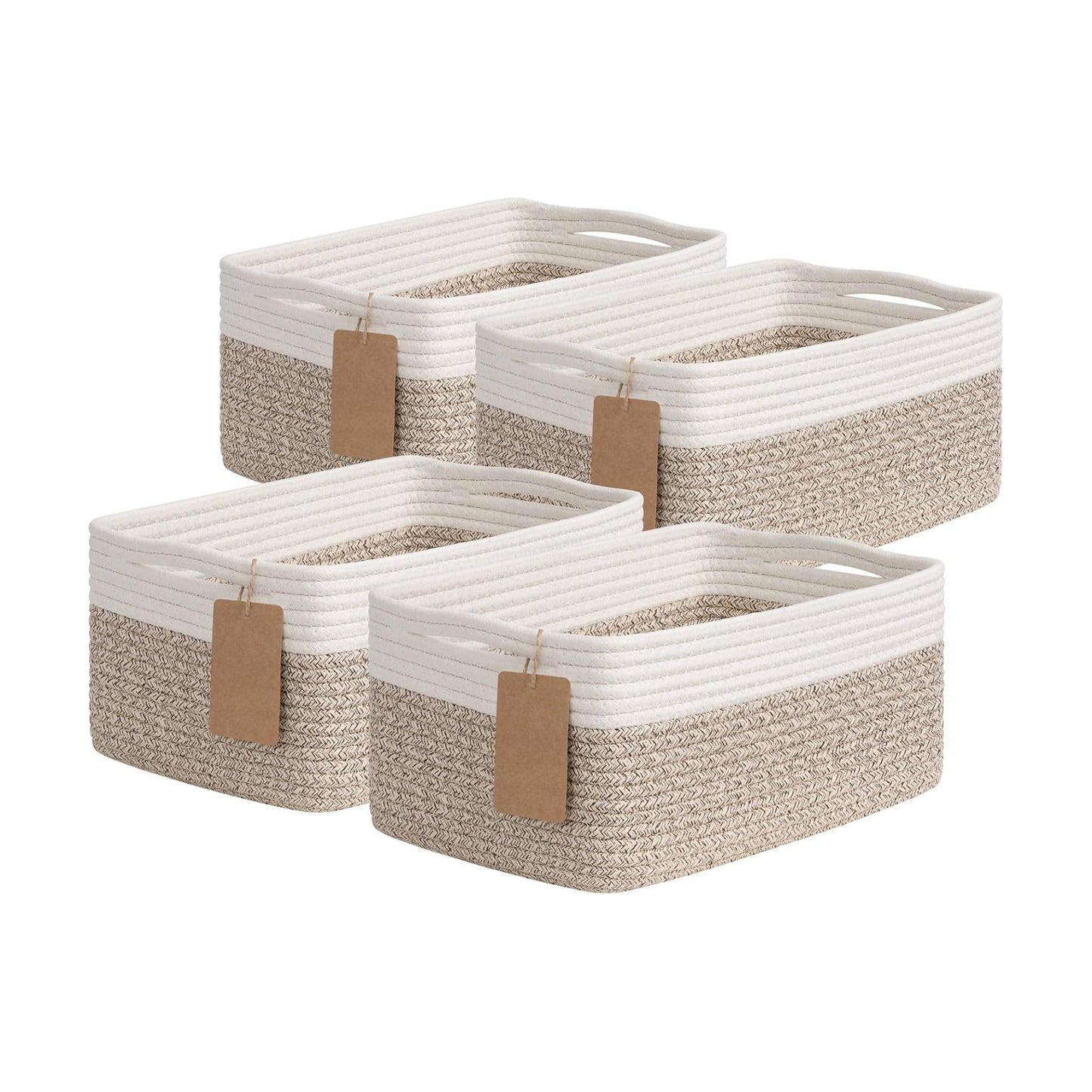 Rectangle Woven Baskets for Organizing / Light Brown & White / Set of 4
