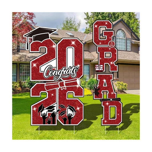 Graduation Yard Sign Class of 2026 Decorations, 4pcs Large Size Red and Black Congrats Grad 2026 Lawn Yard Sign with Stakes for High School College Indoor Outdoor Graduation Party Decor Supplies