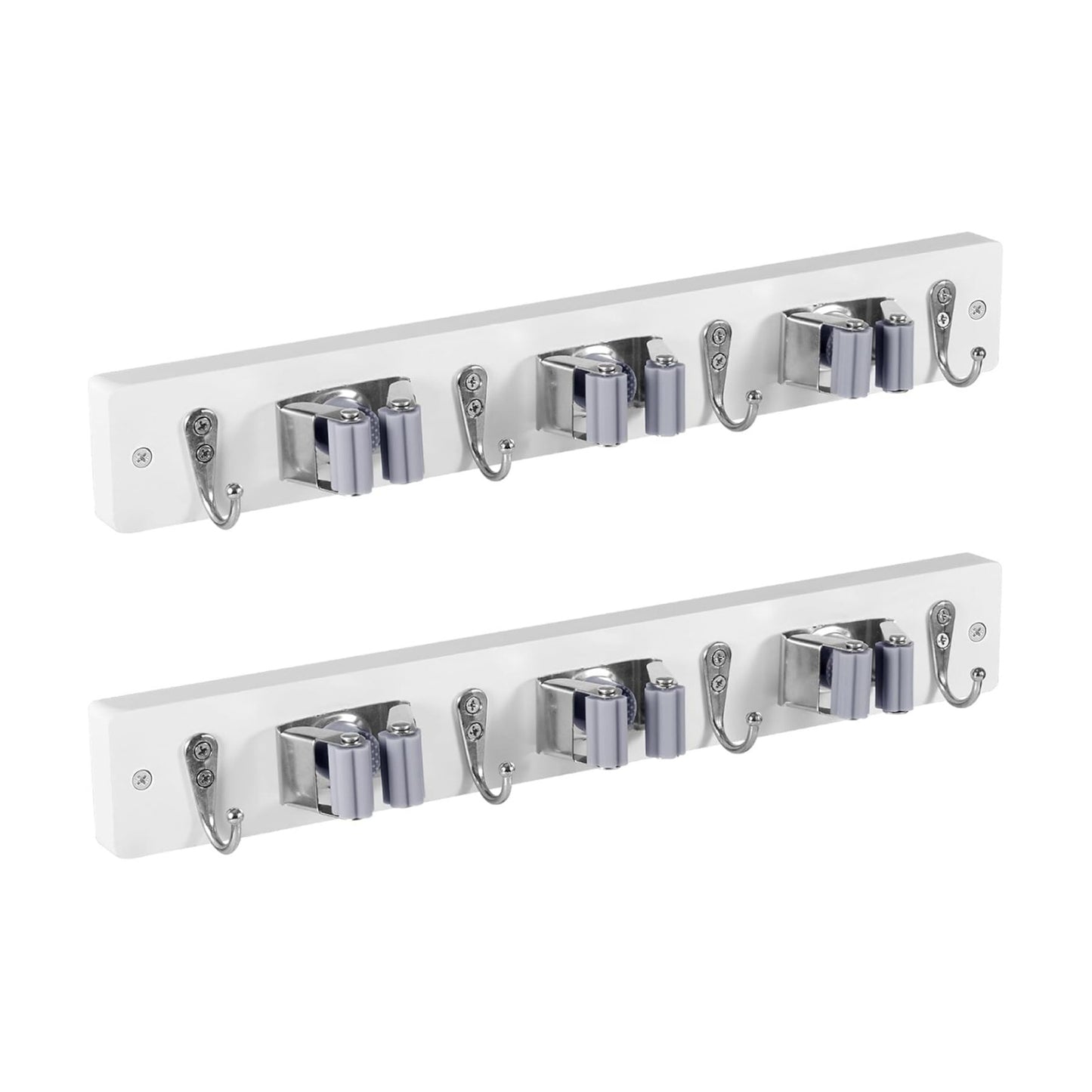 OUTNILI 2 Pack White Mop Broom Holder Wall Mount with 3 Slots & 4 Hooks - Rustic Wood Broom Mop Hanger for Pantry