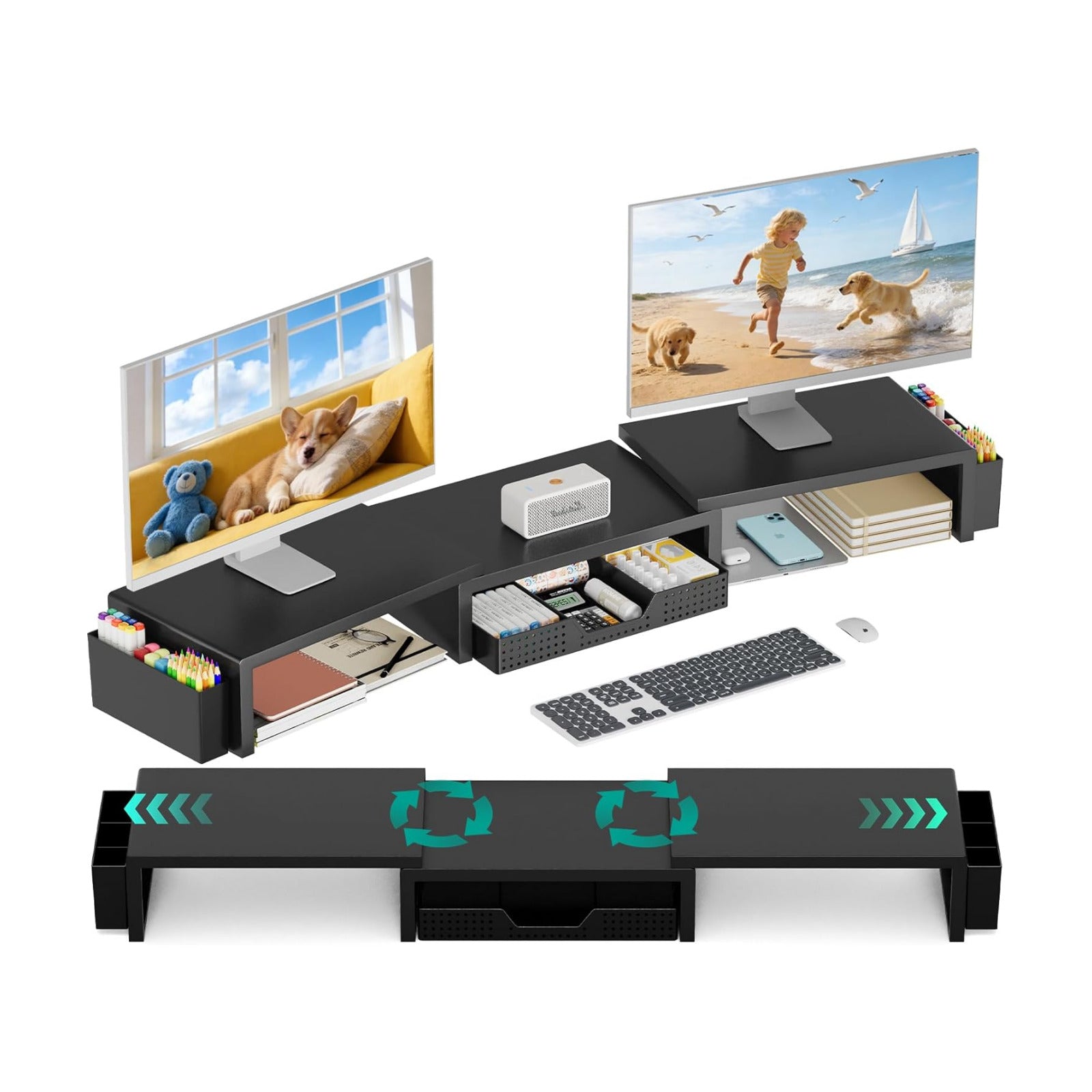 Desk Organizer and Accessories, Dual Computer Monitor Stand Riser with Drawer and 2 Pen Holders, Laptop Stand, Office