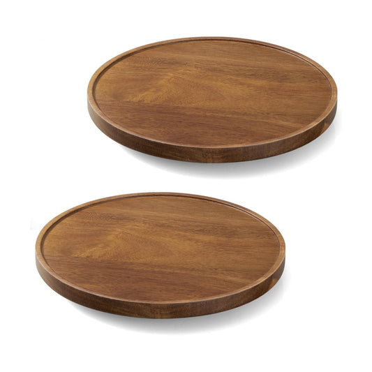 Round Serving Tray Decorative Tray Vintage / Acacia / 10" with Low Rim / Set of 2