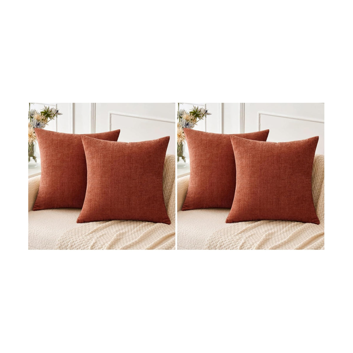 MIULEE Pack of 4 Couch Throw Pillow Covers 18x18 Inch Soft Burnt Orange Chenille Pillow Covers for Sofa Living Room Solid Dyed Pillow Cases