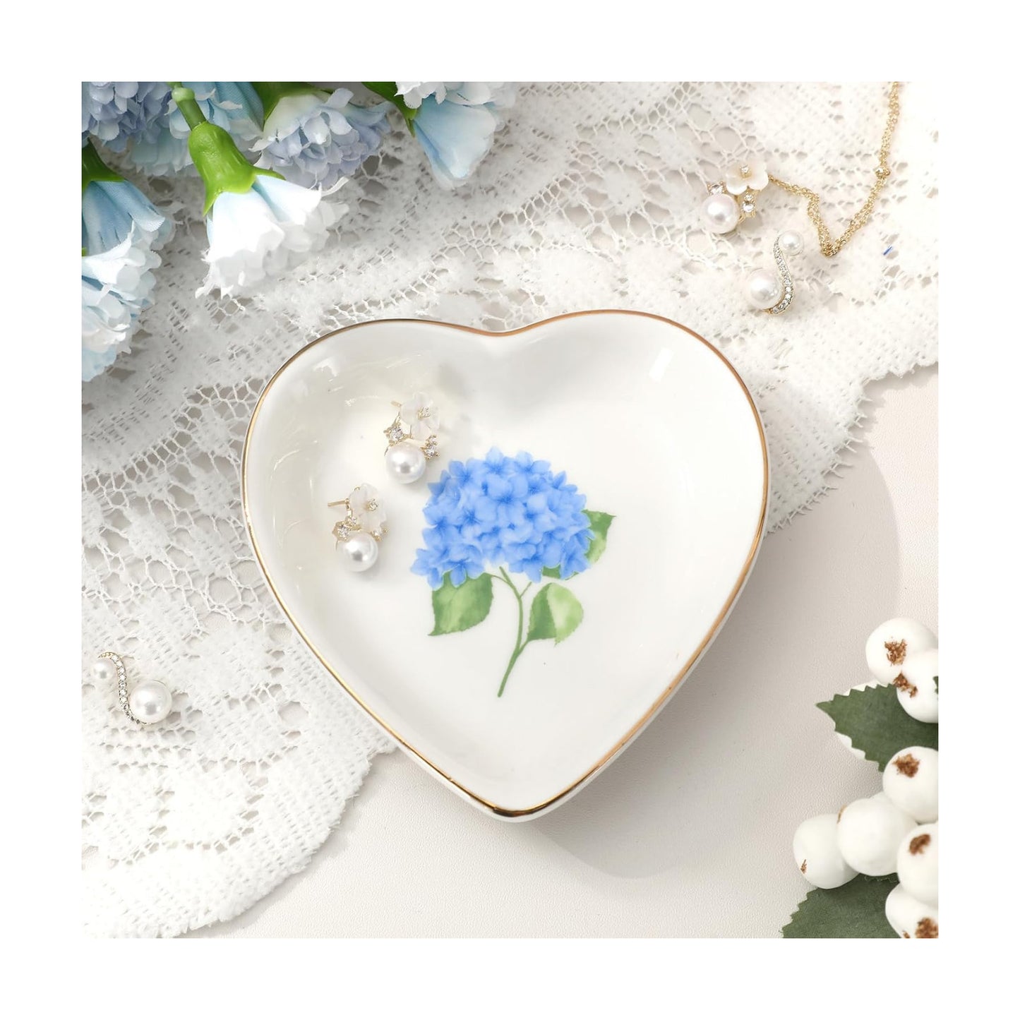 Hydrangea Flower Ring Dish Heart Shaped Ceramic Jewelry Tray Watercolor Floral Trinket Dish / Blue