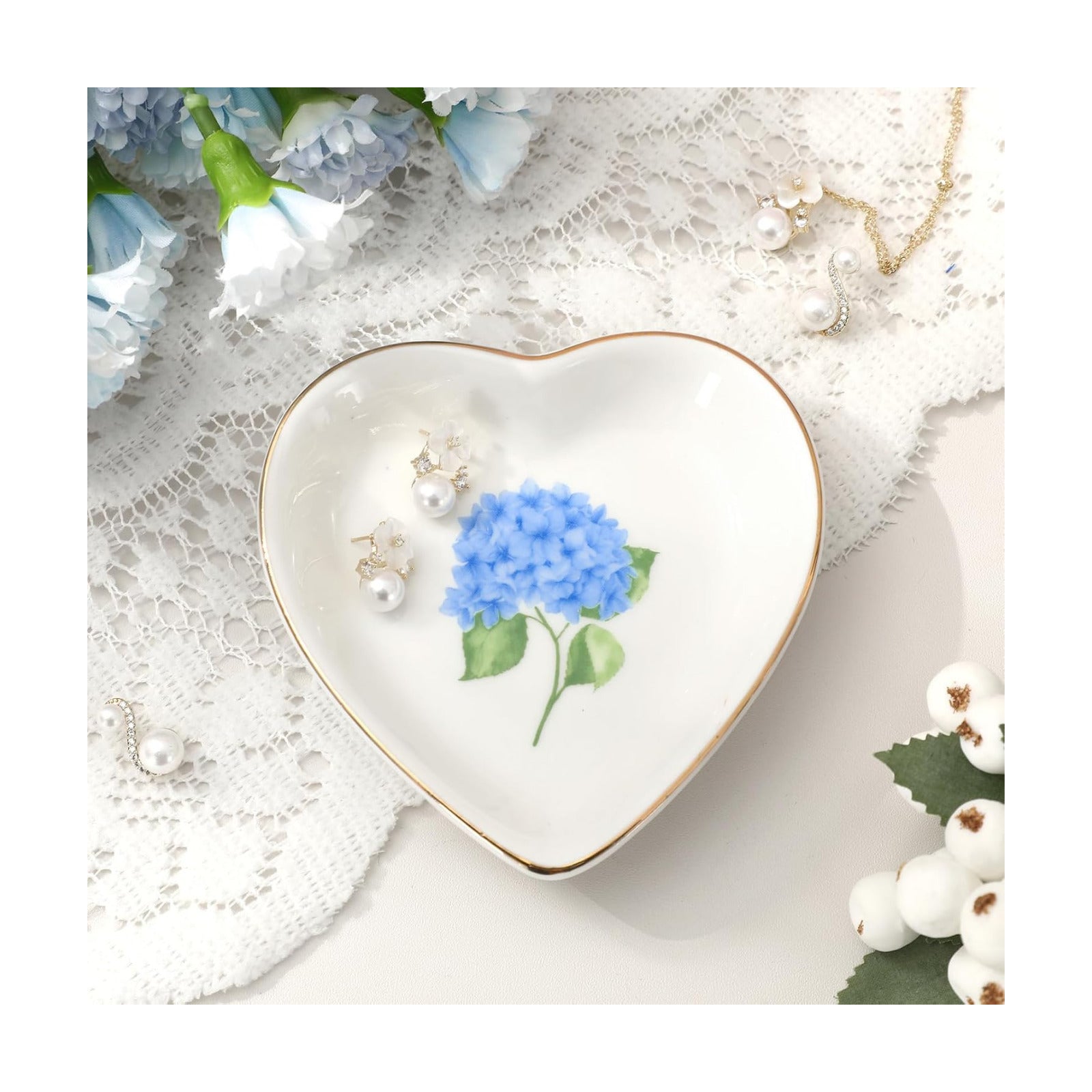 Hydrangea Flower Ring Dish Heart Shaped Ceramic Jewelry Tray Watercolor Floral Trinket Dish / Blue