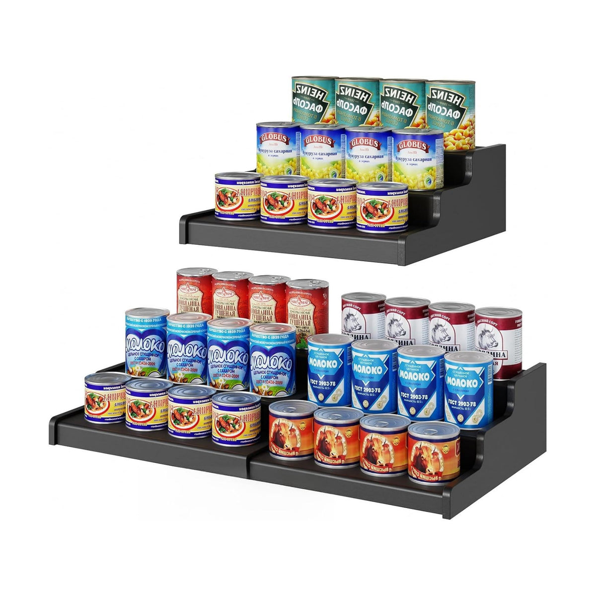 3-Tier Expandable Bamboo Can Organizer for Pantry, Holds 24 Cans, Black | Adjustable Can Storage Rack for Pantry, Can