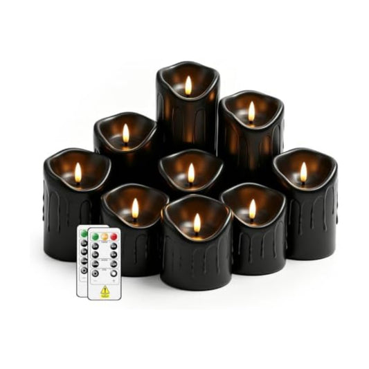 Nimiko Flameless Candles with Remote, Battery Operated Flickering Flameless Candles, LED Candles with Timer 2/4/6/8H, Realistic Drop Wax flameless Candle Set of 9 (D3 x H 3" 4" 5" 6" 7") (Black)