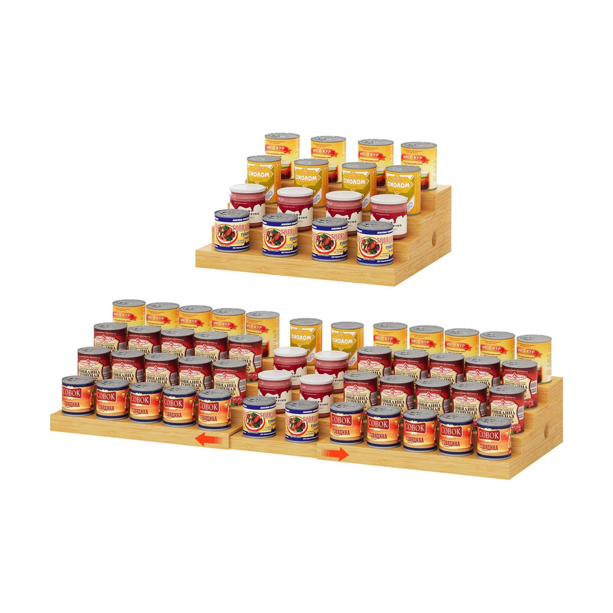 4-Tier Extra-Long Expandable Can Rack, Adjustable Bamboo Organizer for Pantry, Can Storage Holder for Pantry Shelf &
